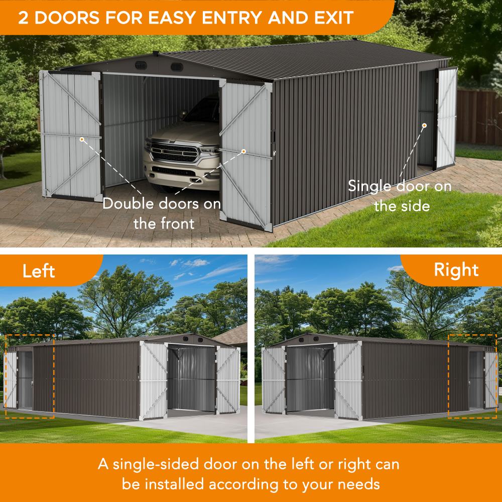 SUNJOY 13x20 Metal Shed Kits with Lockable Doors and Vents - Tan