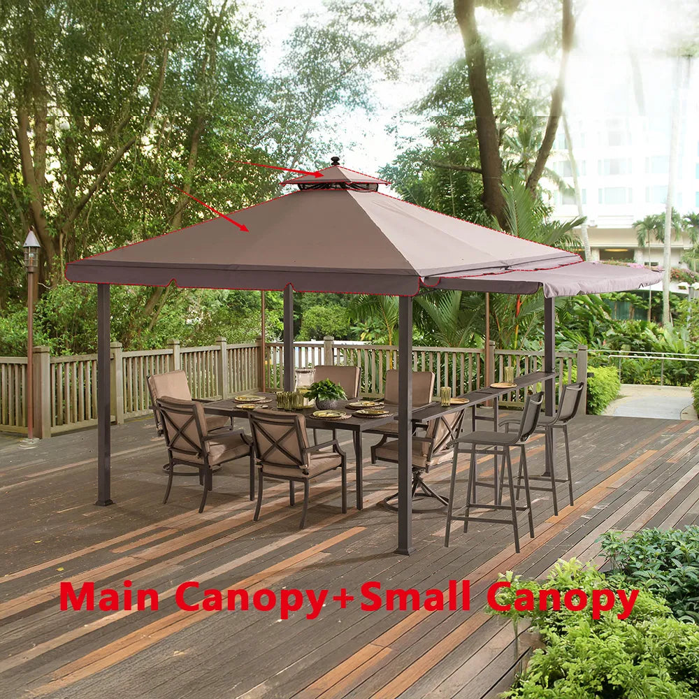 Outdoor patio gazebo with a large brown canopy and a smaller matching canopy, shown over a dining table and chairs on a wooden deck with trees in the background. Red text at the bottom reads 'Main Canopy + Small Canopy'.