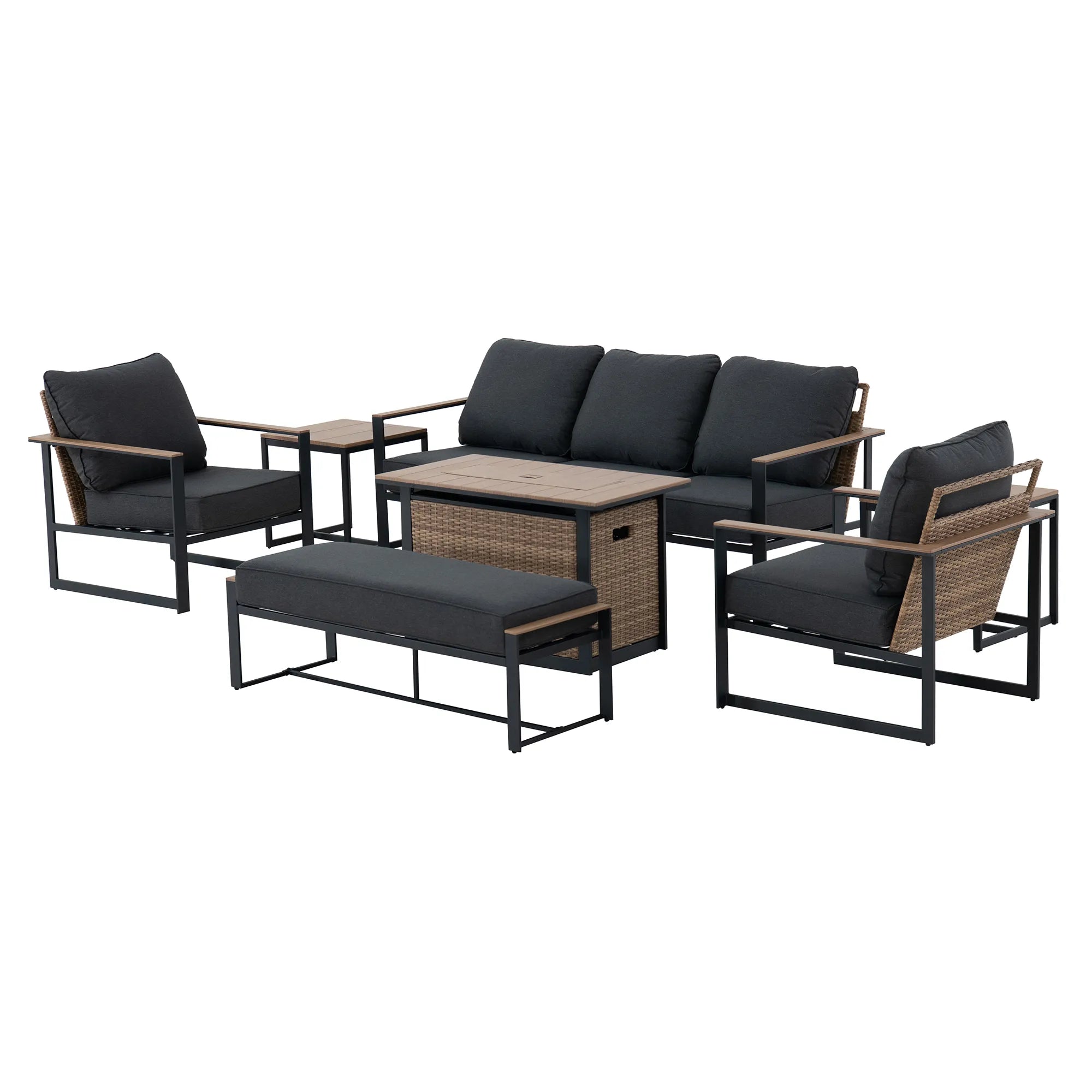 allen + roth Dorsey 7 -Piece Rattan Patio Sofa Conversation Set with Gray Cushions