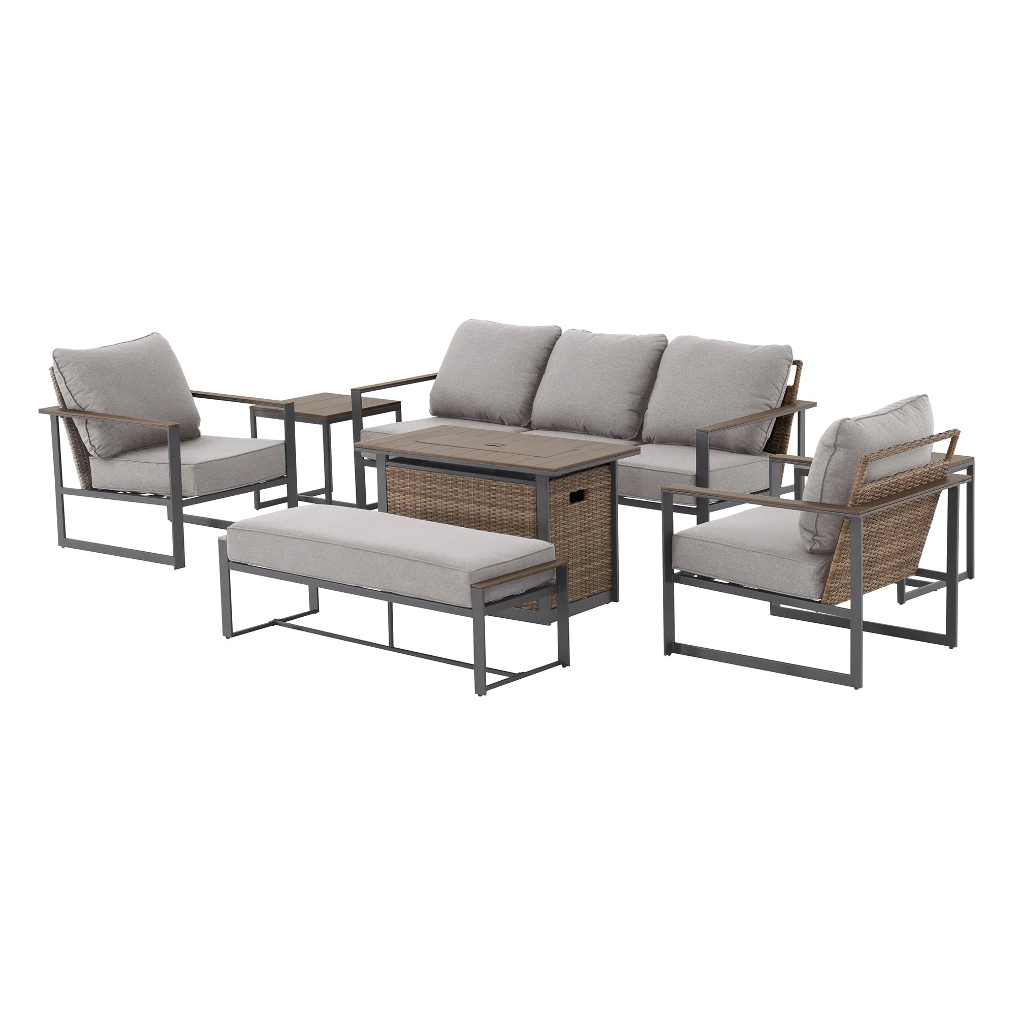 allen + roth Dorsey 7 -Piece Rattan Patio Sofa Conversation Set with Cream Cushions