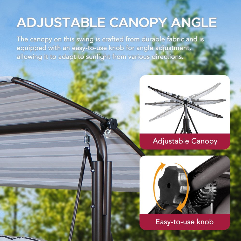 SUNJOY 3-Seat Outdoor Patio Swing with Adjustable Canopy and Cushion - Stripe