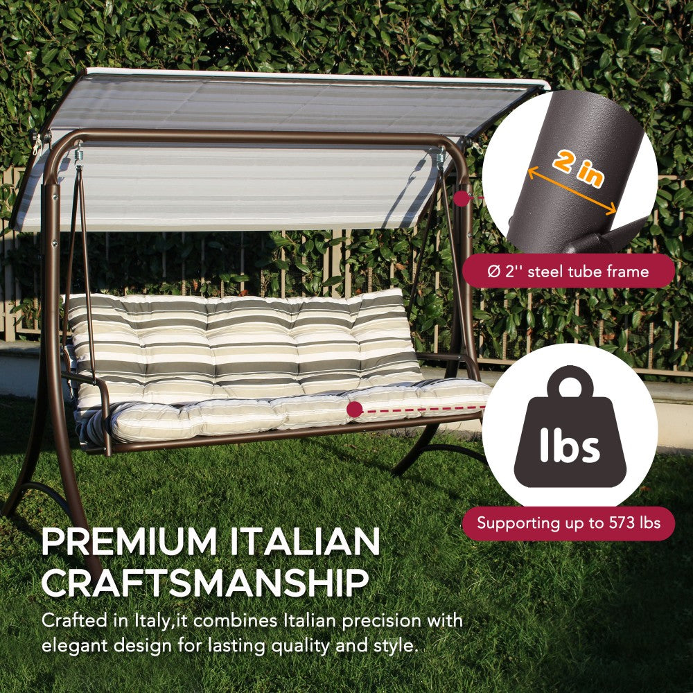 SUNJOY 3-Seat Outdoor Patio Swing with Adjustable Canopy and Cushion - Stripe