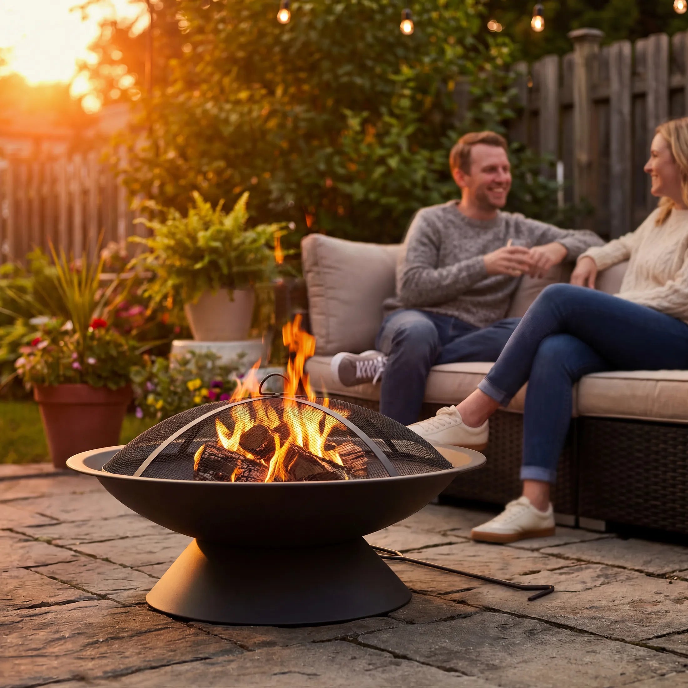 SUNJOY 29 Inch Outdoor Fire Bowl with Drainage Hole & Fire Poker