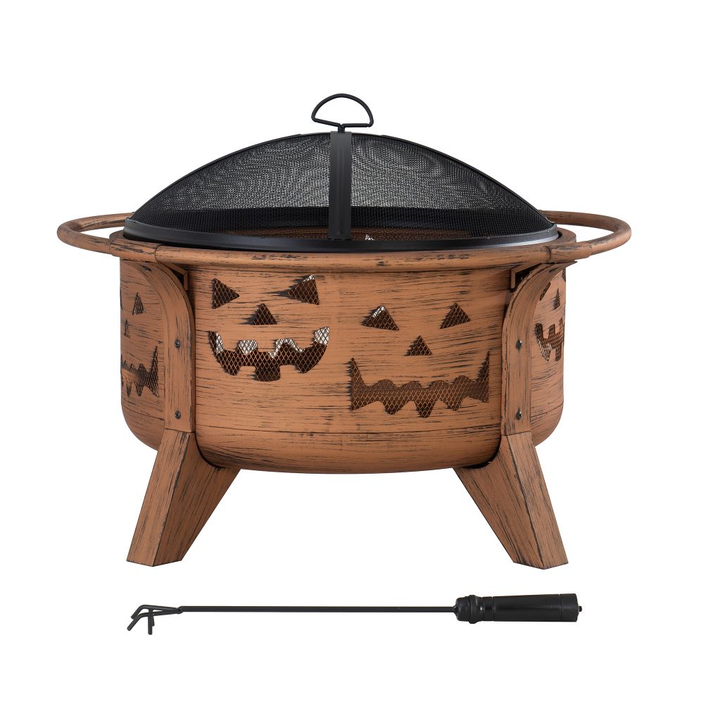 SUNJOY 30 Inch Copper Steel Holiday Fire Pit with Spark Screen & Poker - Jack O'Lantern Motif