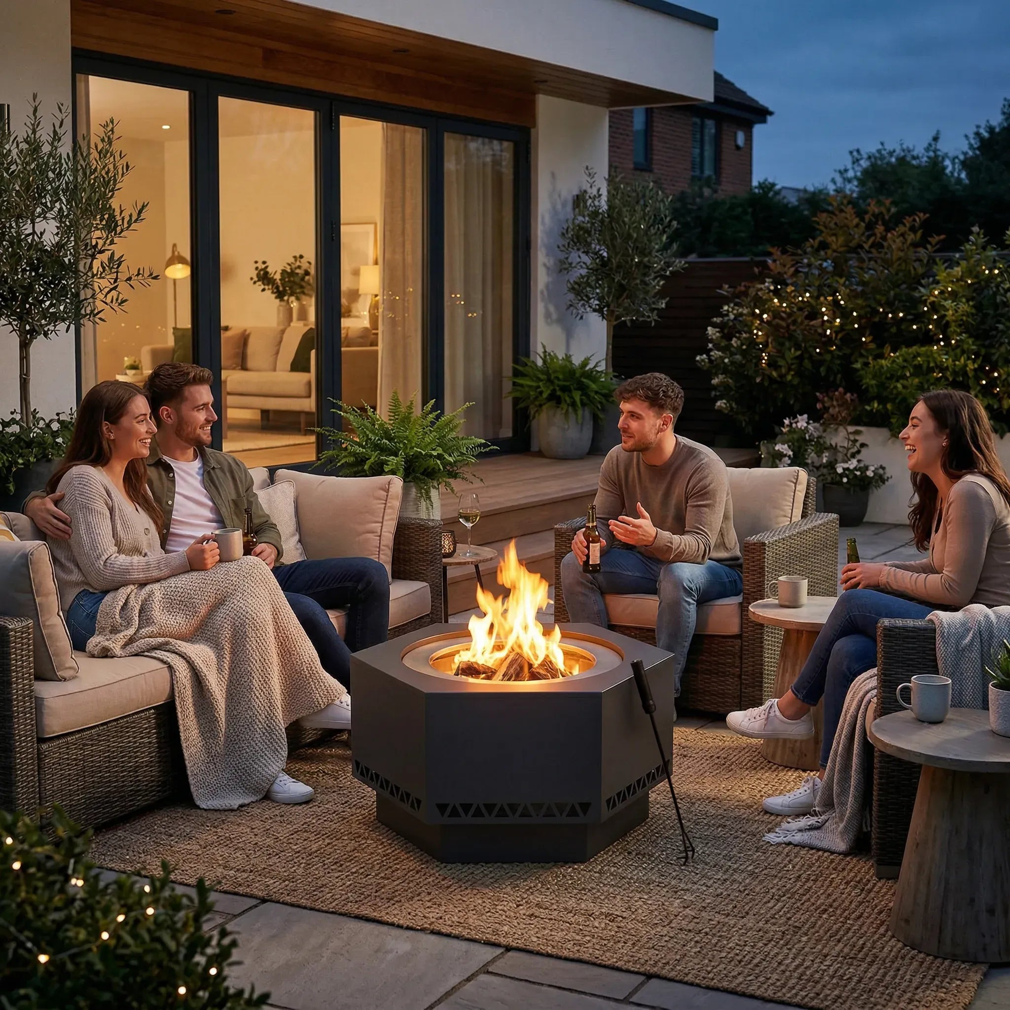 SUNJOY 28 Inch Hexagon Stainless Steel Smokeless Fire Pit with PVC Cover - Triangle Pattern & Gray