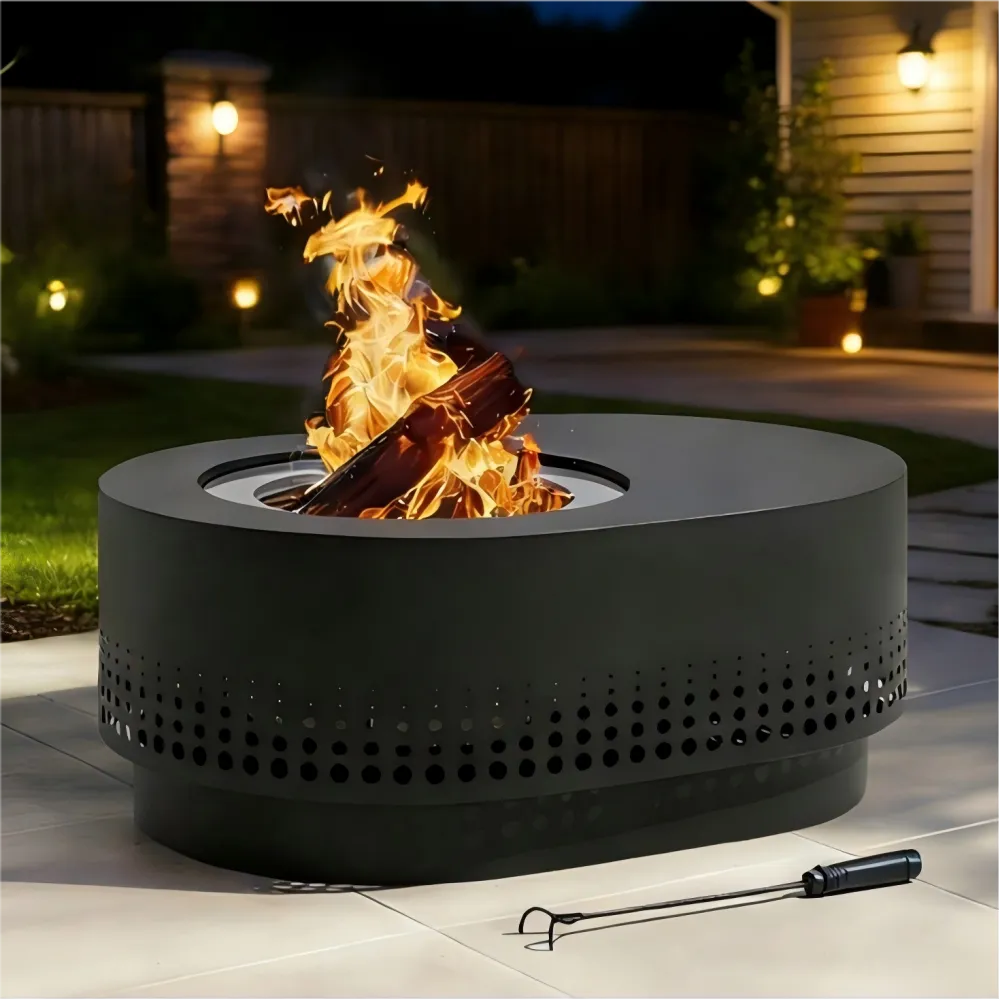 SUNJOY 38 Inch Stainless Steel Smokeless Fire Pit with PVC Cover and Poker - Dot Grid & Gray