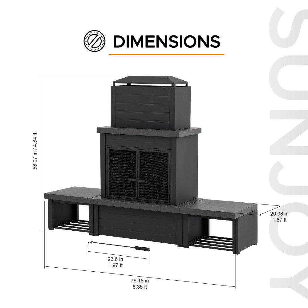 SUNJOY 58 Inch Modern Outdoor Fireplace with Chimney & Log Holders