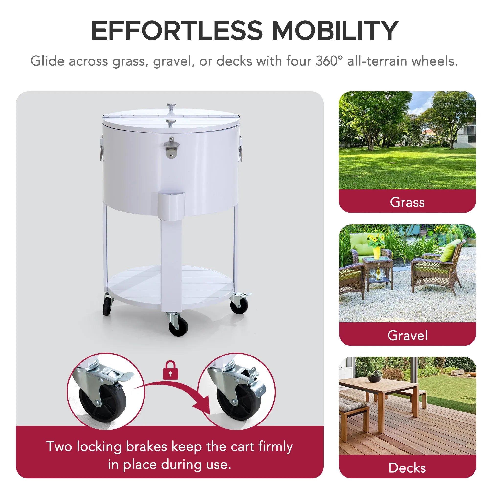 SUNJOY 60 Quart Patio Rooling Cooler Cart with Bottle Opener, Shelf and Lockable Wheels - White