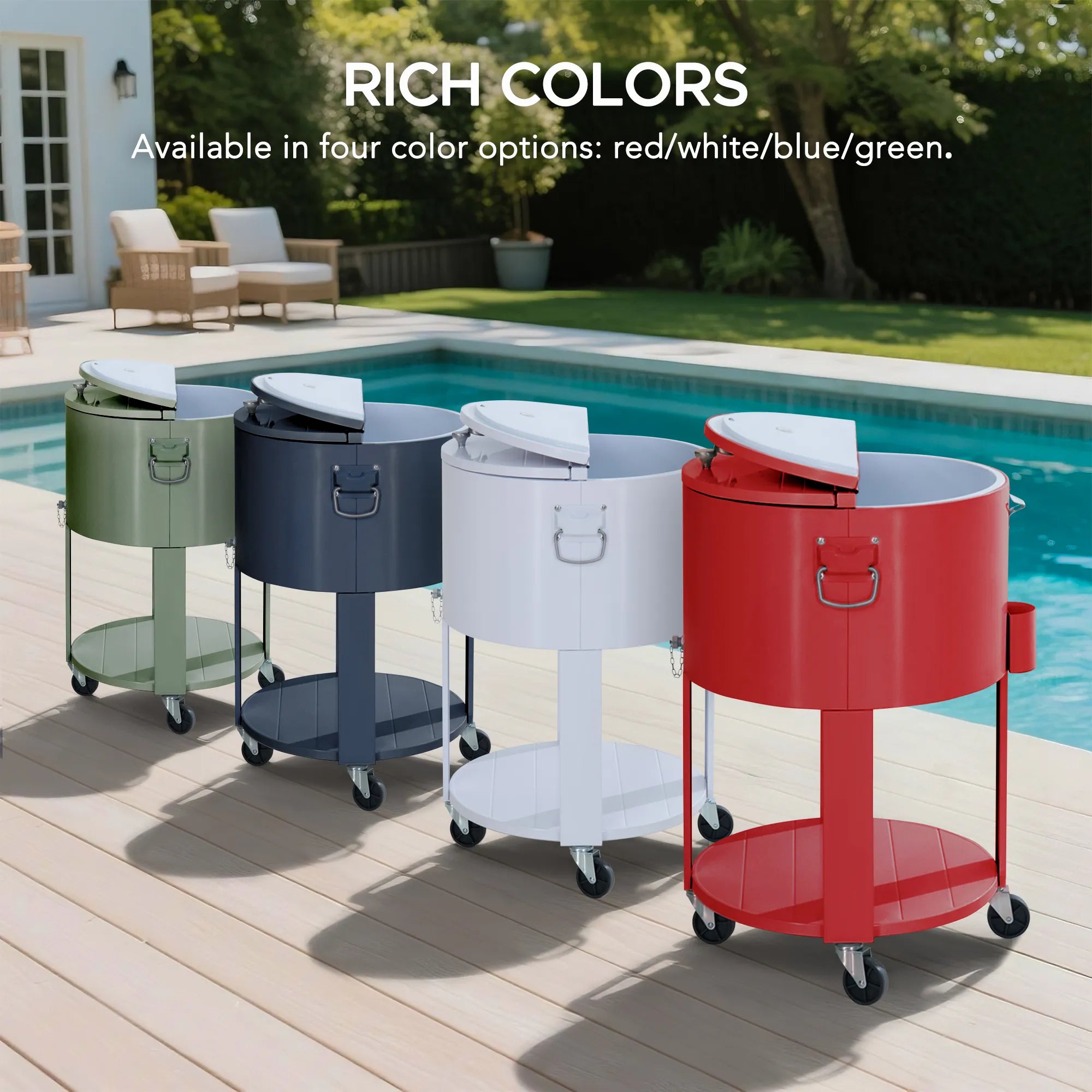 SUNJOY 60 Quart Patio Rooling Cooler Cart with Bottle Opener, Shelf and Lockable Wheels - White