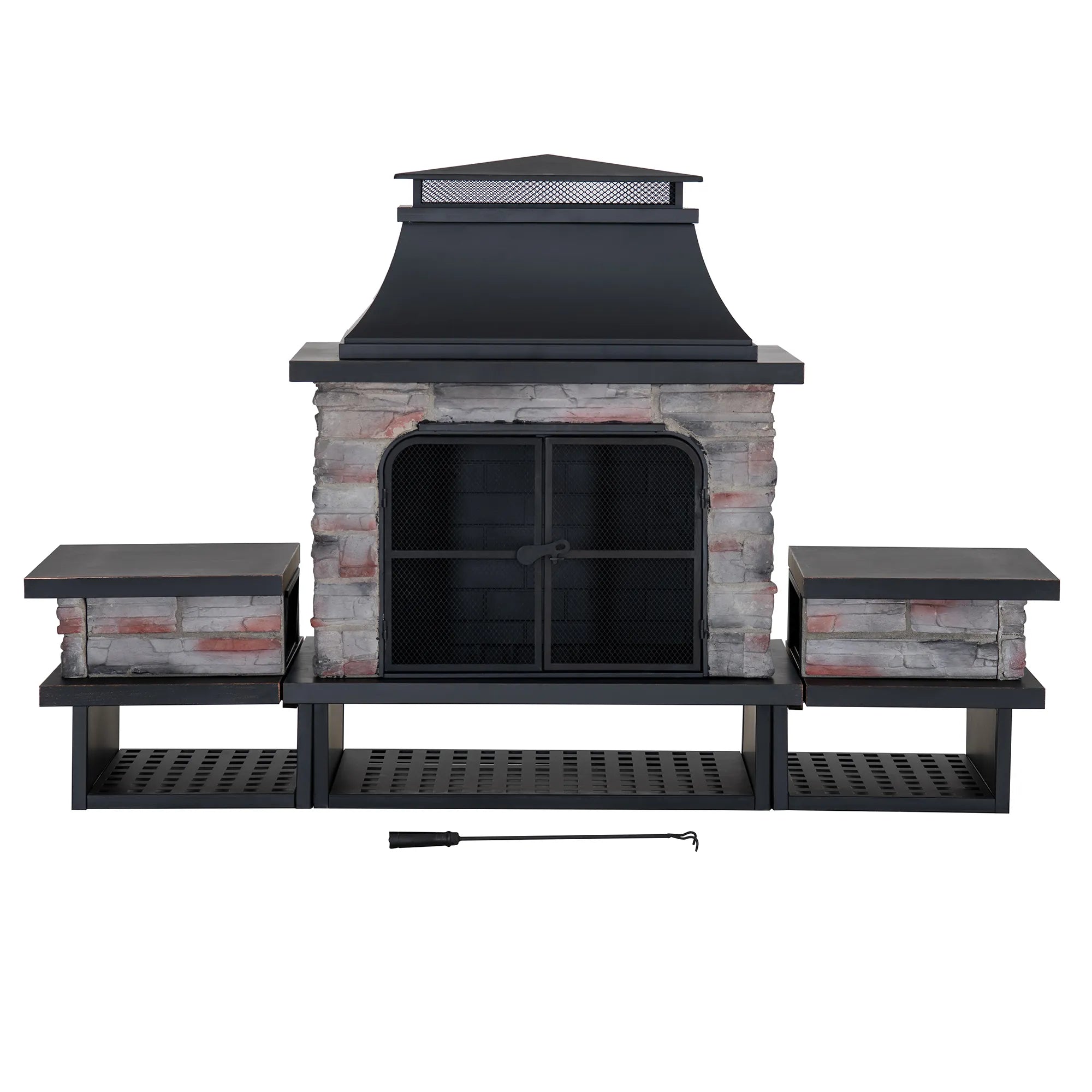Canyon Stone Wood Burning Fireplace with Log Holders 82" - Black