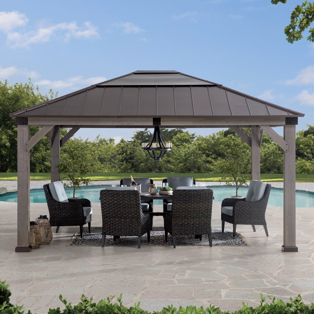 SUNJOY 13x15 Wooden Frame Gazebo with Hip Roof and Ceiling Hook.