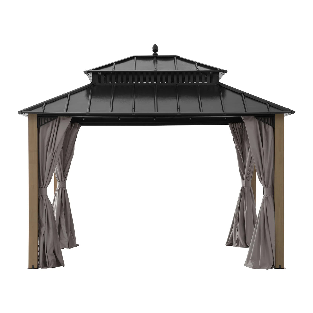 SUNJOY Kingston 12x10 Gazebo with Netting & Curtain | Steel Roof with Extra-Tall & Oversized Vent Top - Ceadr Wood Posts