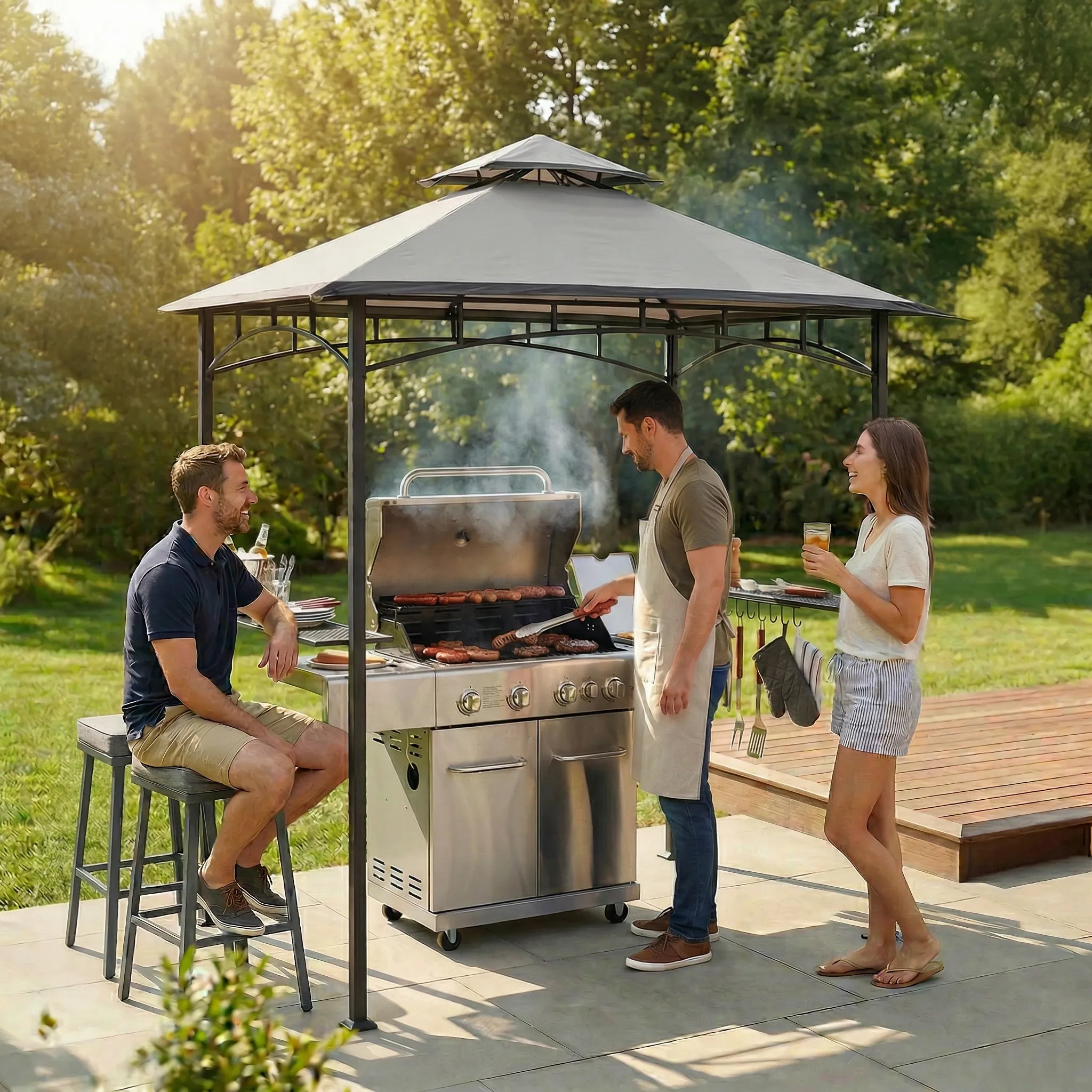 SUNJOY 8x5 BBQ Grill Gazebo with Bar Shelves and Hooks - Gray & Black