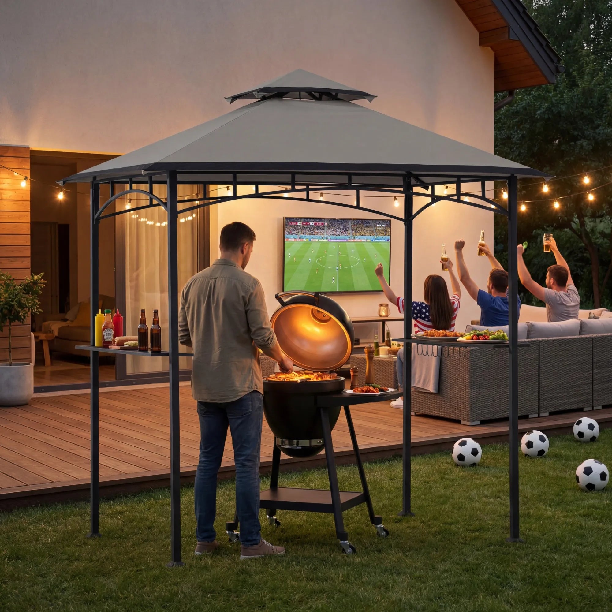 SUNJOY 8x5 BBQ Grill Gazebo with Bar Shelves and Hooks - Gray & Black