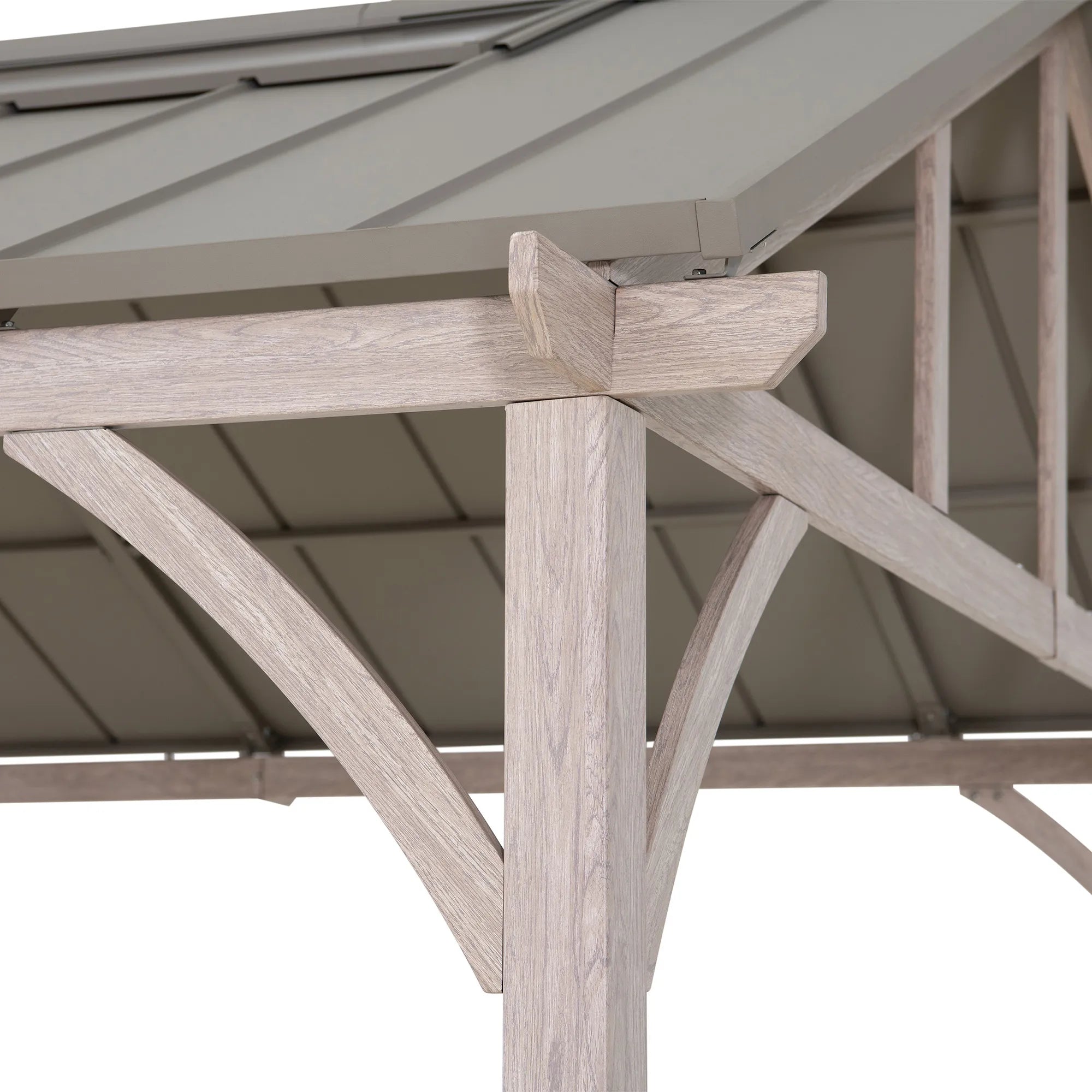 Close-up detail of a wood-look steel gazebo or pergola structure with light gray weathered woodgrain steel posts and beams supporting a matching gray roof.