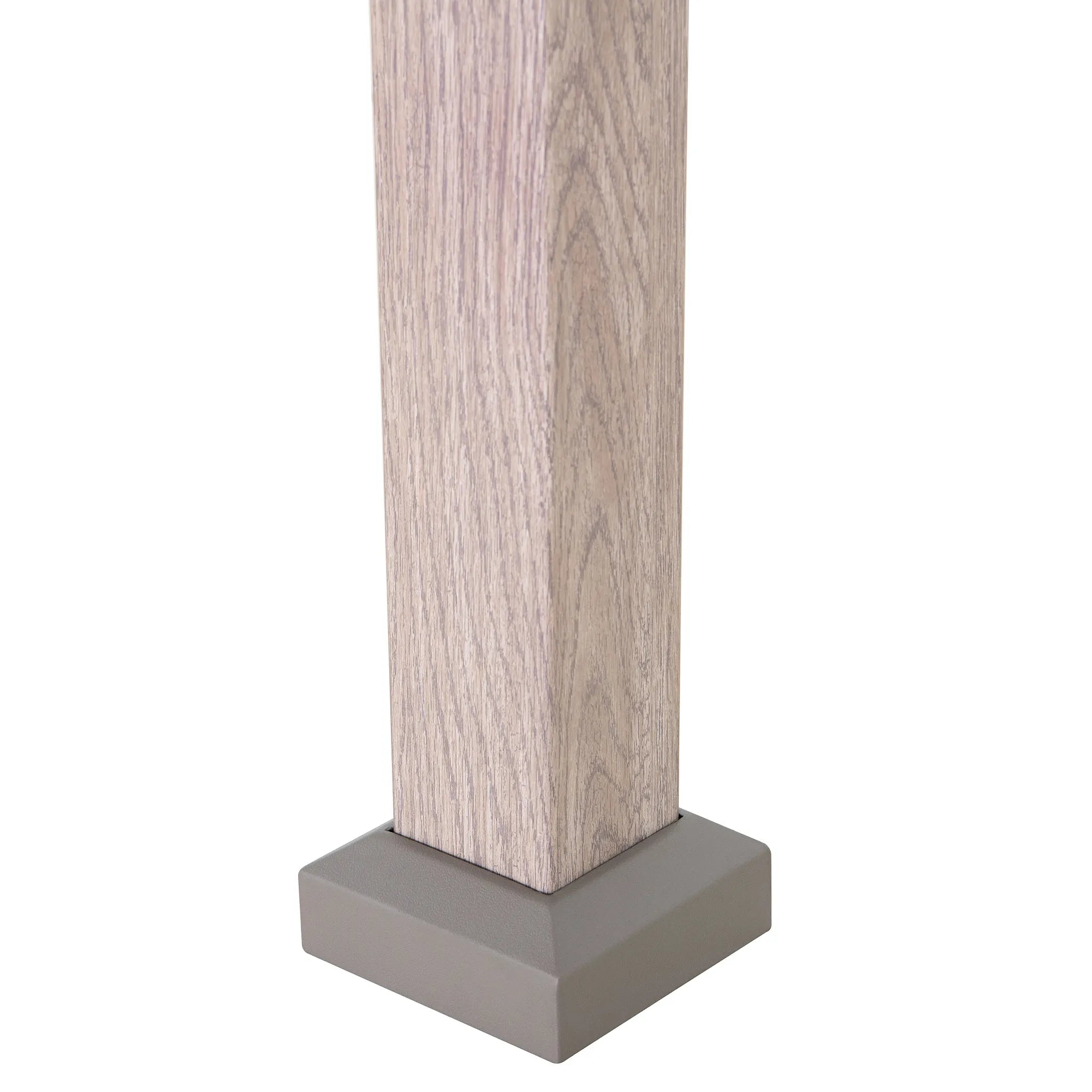 A close-up of a light beige wood-textured column post with a square gray base, shown against a plain white background.