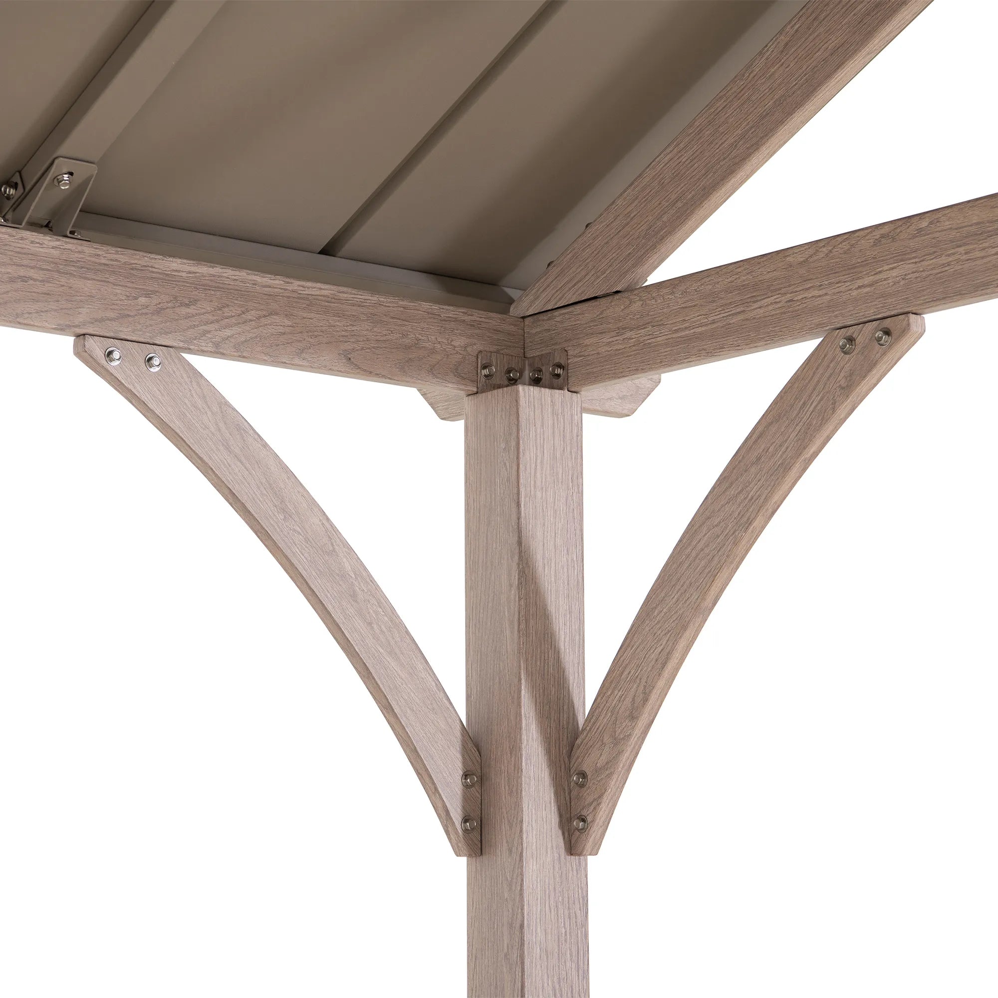Close-up detail of a wooden patio cover or pergola frame with a light beige roof panel and natural oak-finish steel support beams on a white background.