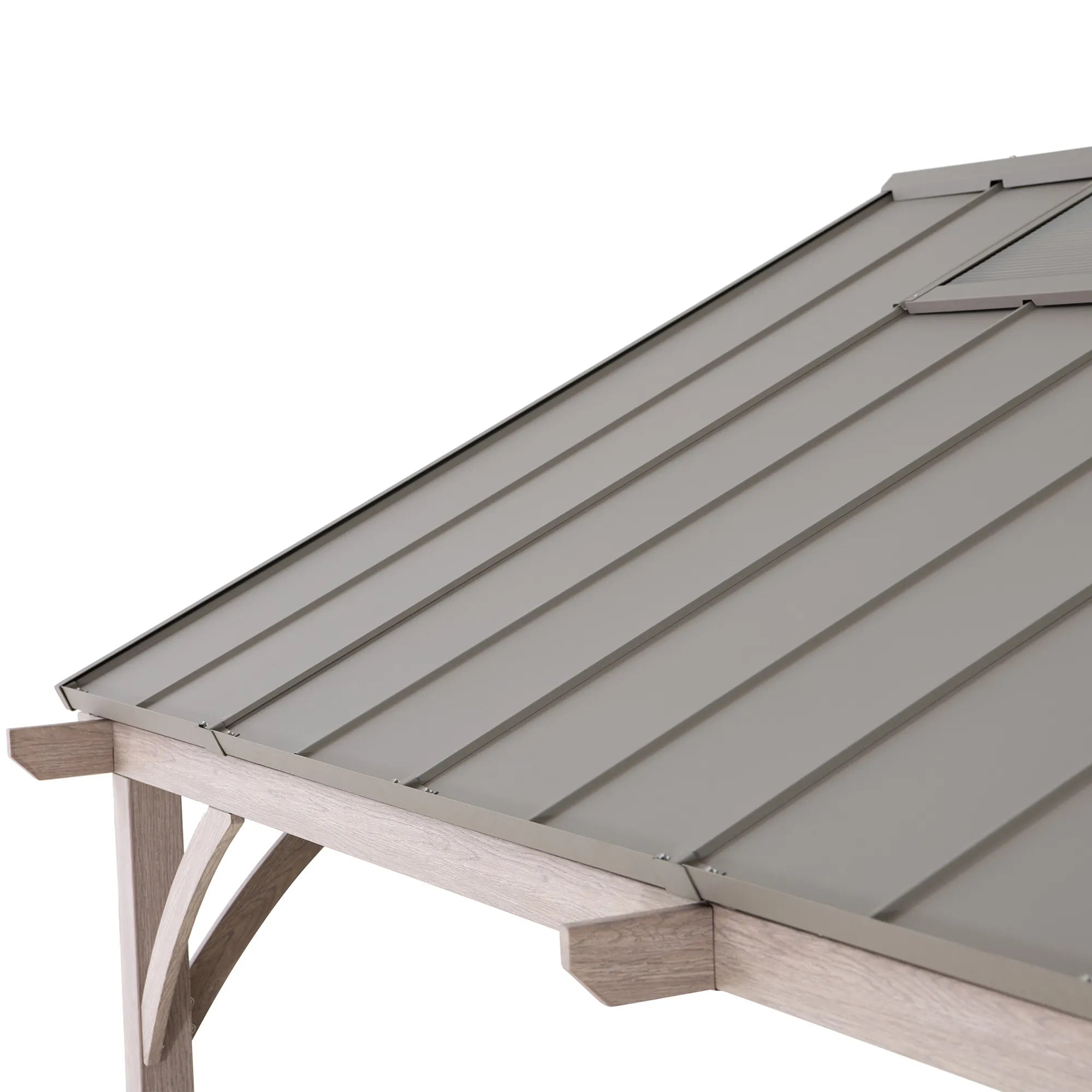 Close-up of a metal patio gazebo roof with gray corrugated panels and a light woodgrain frame on a white background.