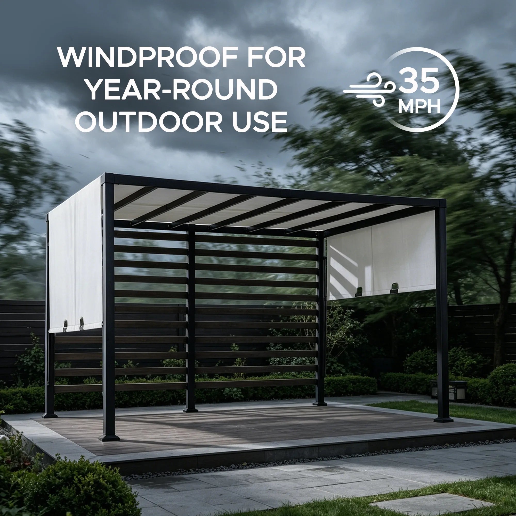 SUNJOY 10x12 Steel Pergola Kit with White Adjustable Canopy and Privacy Wall