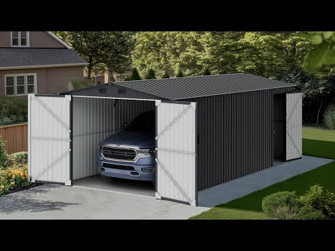 SUNJOY 10x20 Storage Shed Kits with Lockable Doors and Vents - Dark Gray.