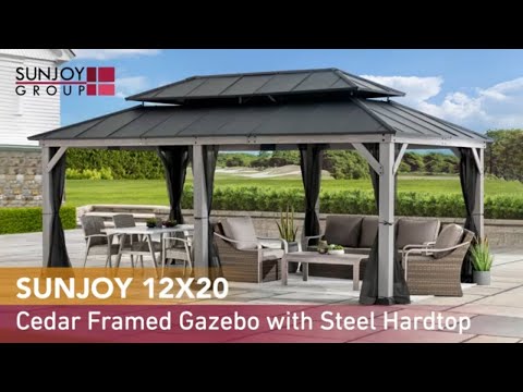SUNJOY 12x20 Patio Wooden Gazebo with Ceiling Hooks.