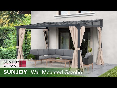 SUNJOY 10x12 Polycarbonate Roof Wall Mounted Gazebo, Lean to Gazebo with Curtain and Netting