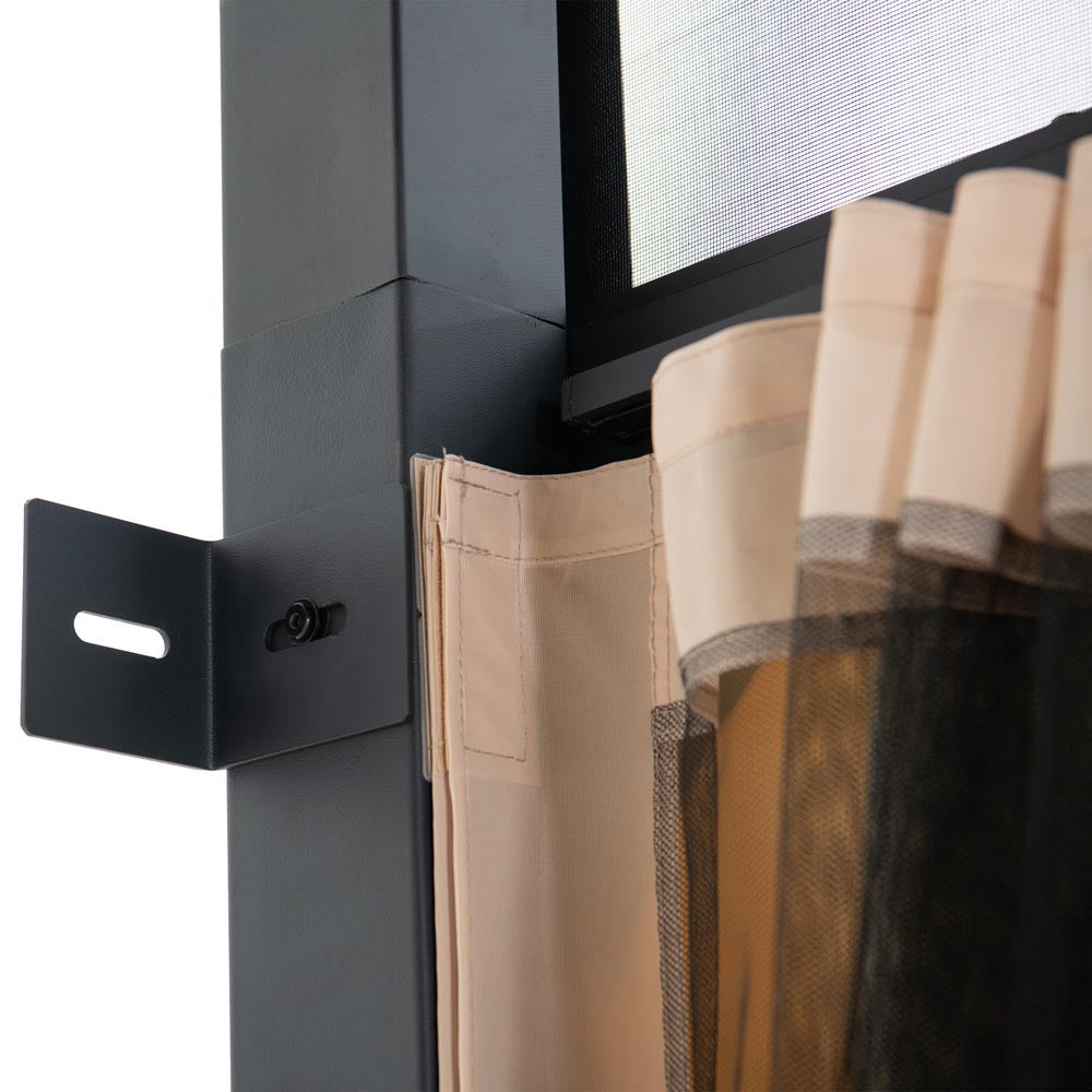 Sunjoy 10β x 12β Wall Mounted Gazebo, Black Aluminum & Metal Frame Lean to Gazebo with Curtains and Netting.