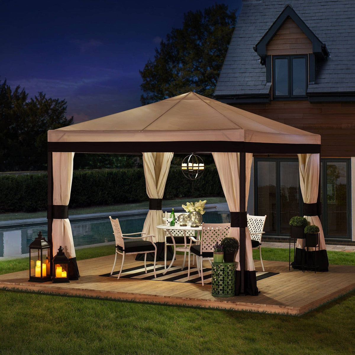 SUNJOY 10x10 White Gazebo with Curtain and Netting.