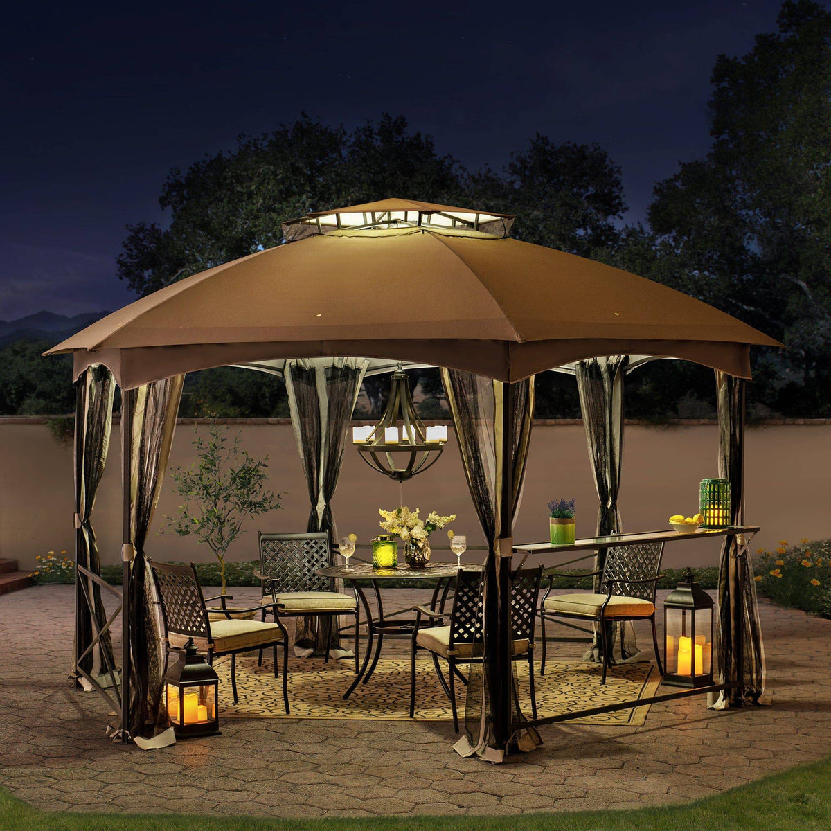 SUNJOY 15x15 Hexagon Soft Top Gazebo with Netting and Bar Shelf.
