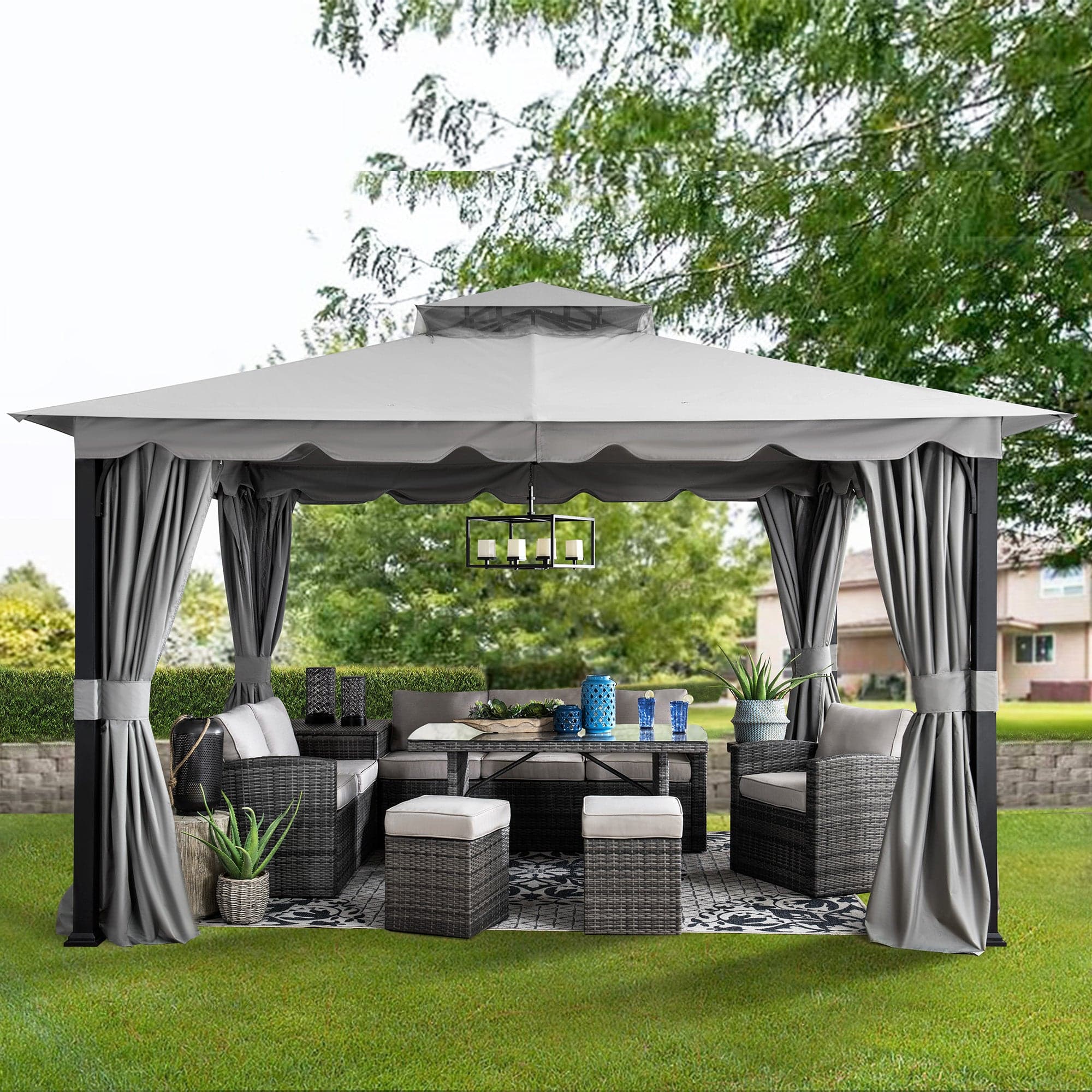 SUNJOY 11x13 Gray 2-Tier Steel Soft Top Gazebo with Ceiling Hook.