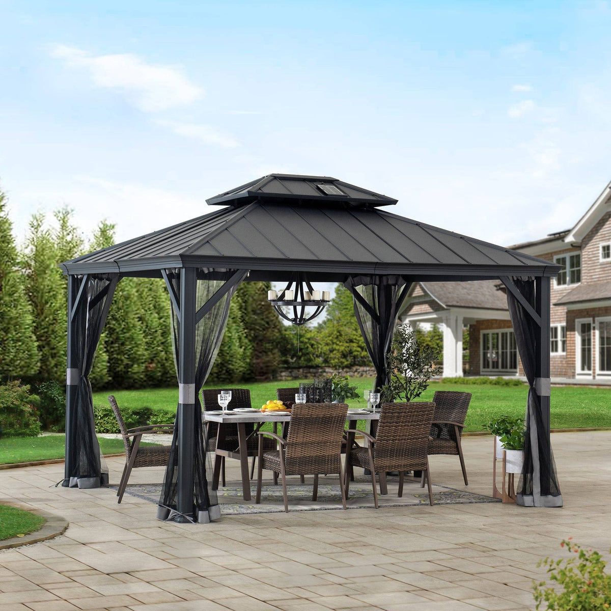 SUNJOY 10x12 Gazebo with Mosquito Netting and Solar Panel.