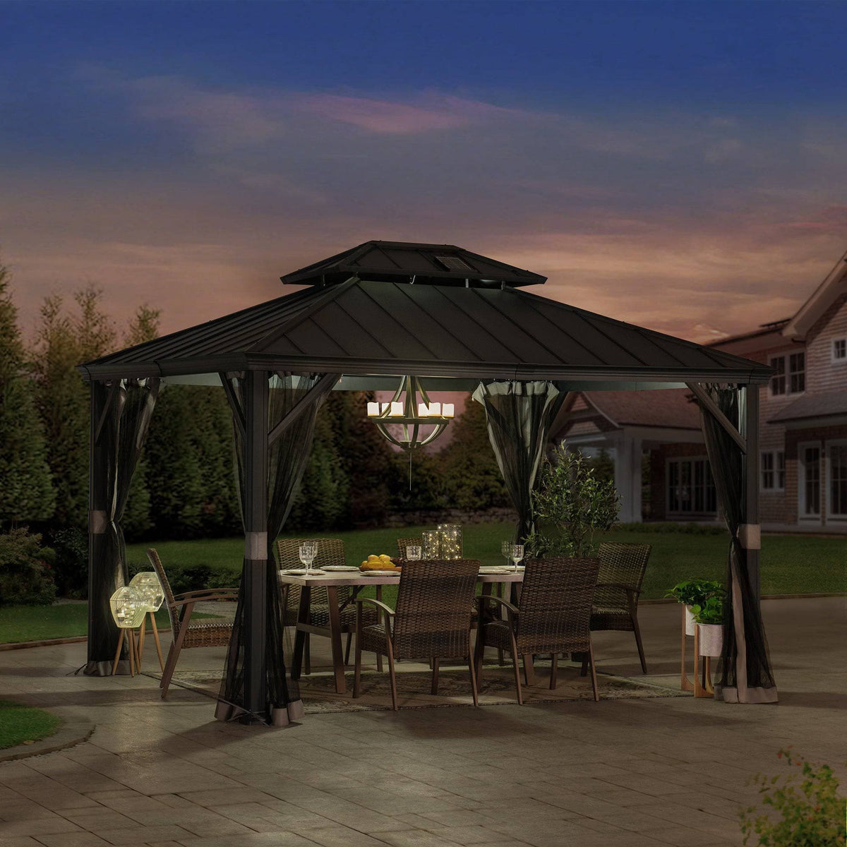 SUNJOY 10x12 Gazebo with Mosquito Netting and Solar Panel.