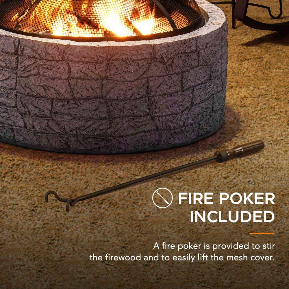 Sunjoy 26 in. Outdoor Fire Pits Wood Burning Patio Fire Pit Stone Backyard Fire Pit with Spark Screen and Poker.
