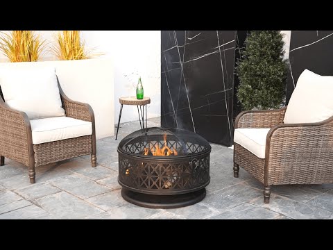 SUNJOY 30 Inch Metal Patio Fire Pit with Spark Screen and Fire Poker.
