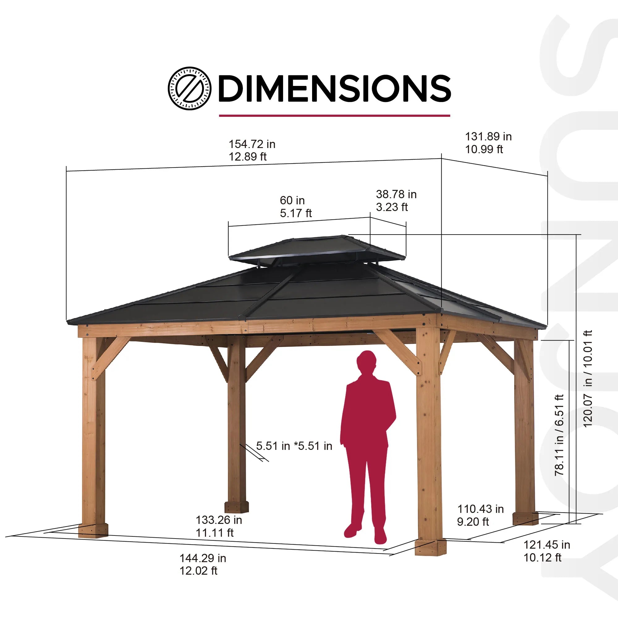 Cedar Hardtop Gazebo with Heavy-Duty Steel Roof & Ceiling Hook, 11x13 - Natural Cedar