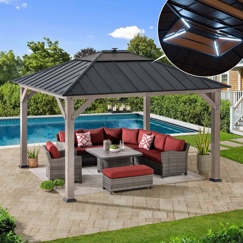 SUNJOY 11x13 Wooden Gazebo with Solar Panel, LED Lights and Ceiling Hook