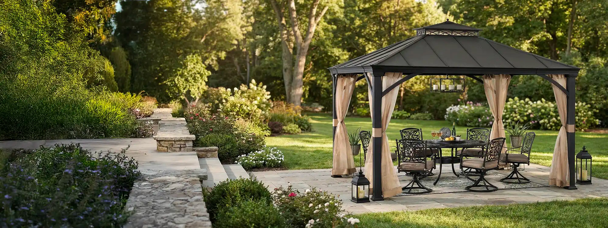 SUNJOY 11x13 All-Season Metal Gazebo with Aluminum Frame and Privacy Netting