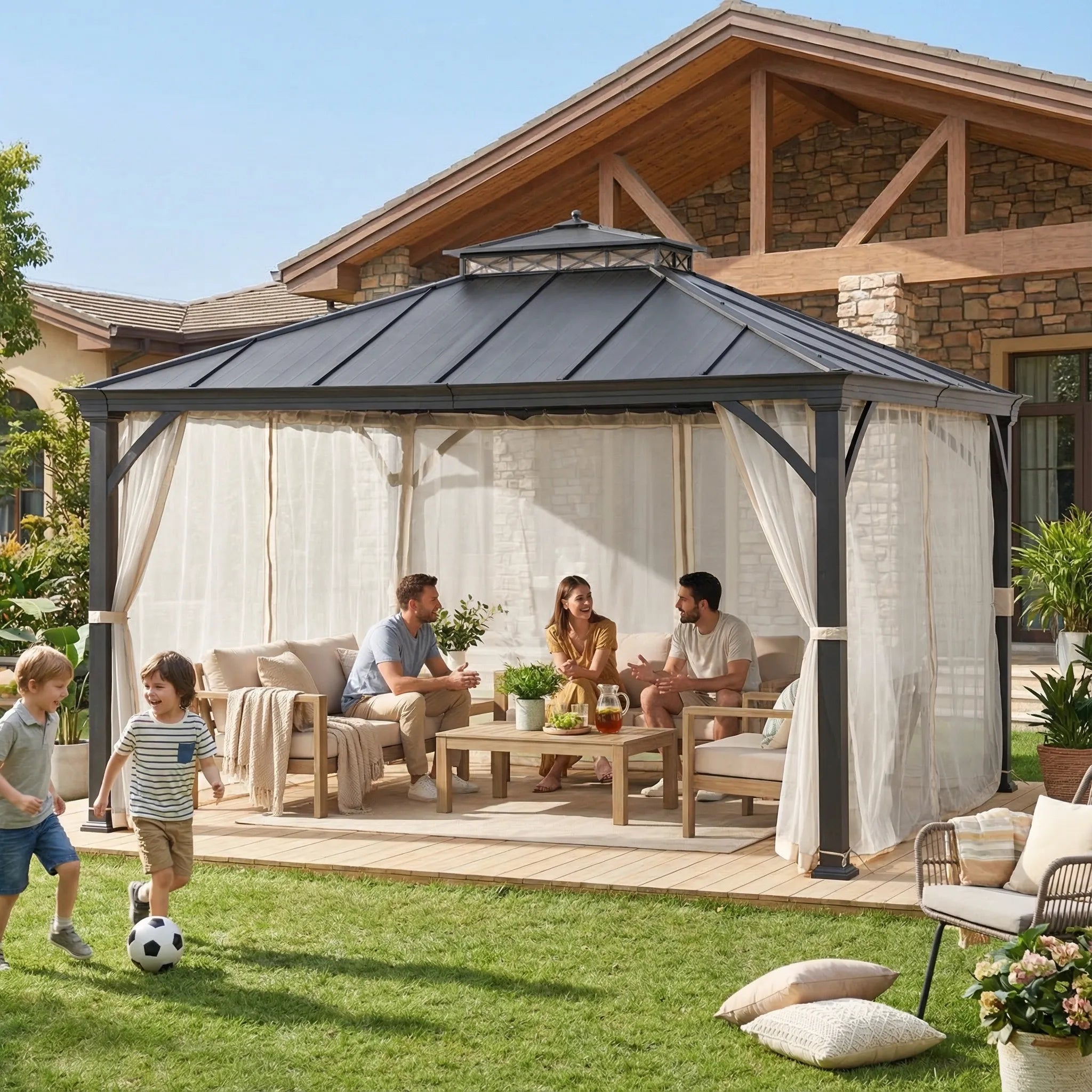 SUNJOY 10x12 Patio Steel Gazebo with Vented 2-Tier Metal Roof and Netting