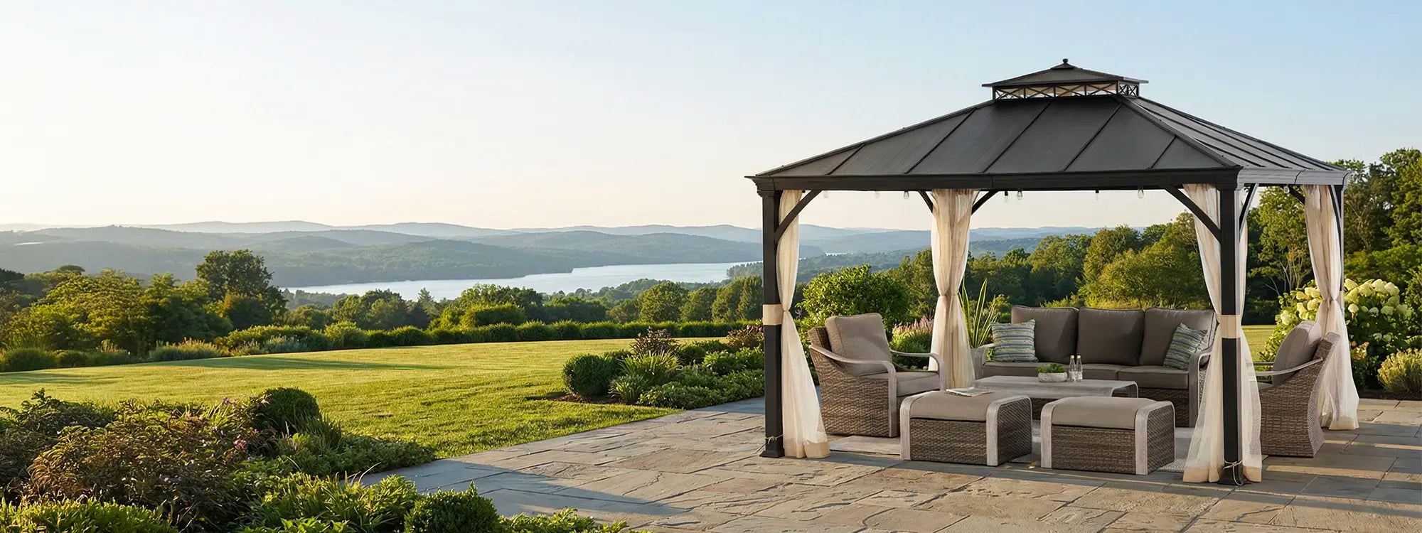 SUNJOY 10x12 Patio Steel Gazebo with Vented 2-Tier Metal Roof and Netting