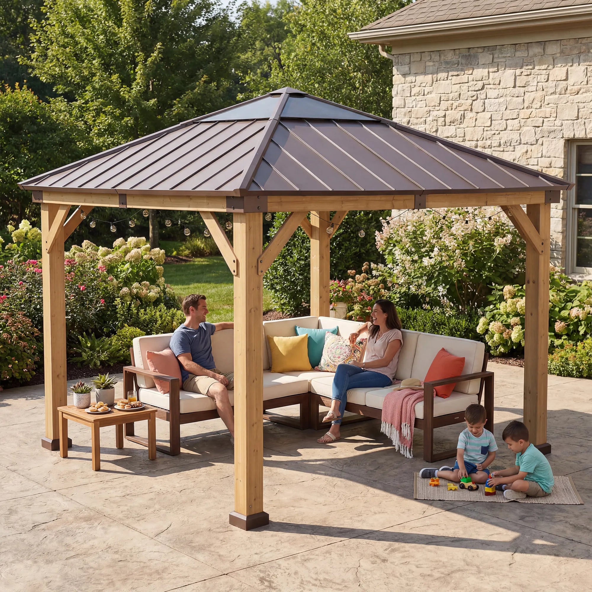 SUNJOY 11x11 Small Outdoor Wooden Gazebo with Metal Roof and Skylight