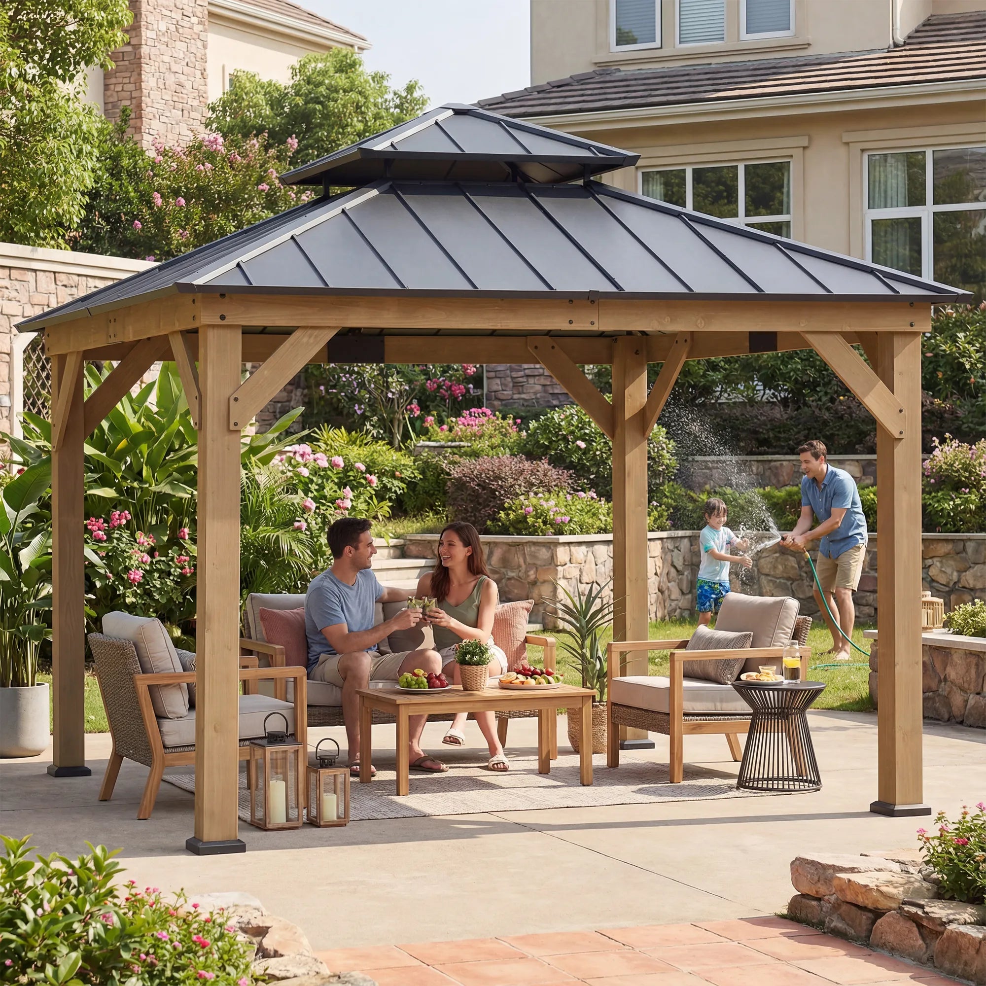 SUNJOY 11x11 Wooden Frame Backyard Hardtop Gazebo with Ceiling Hook - Upgrade Natural Cedar