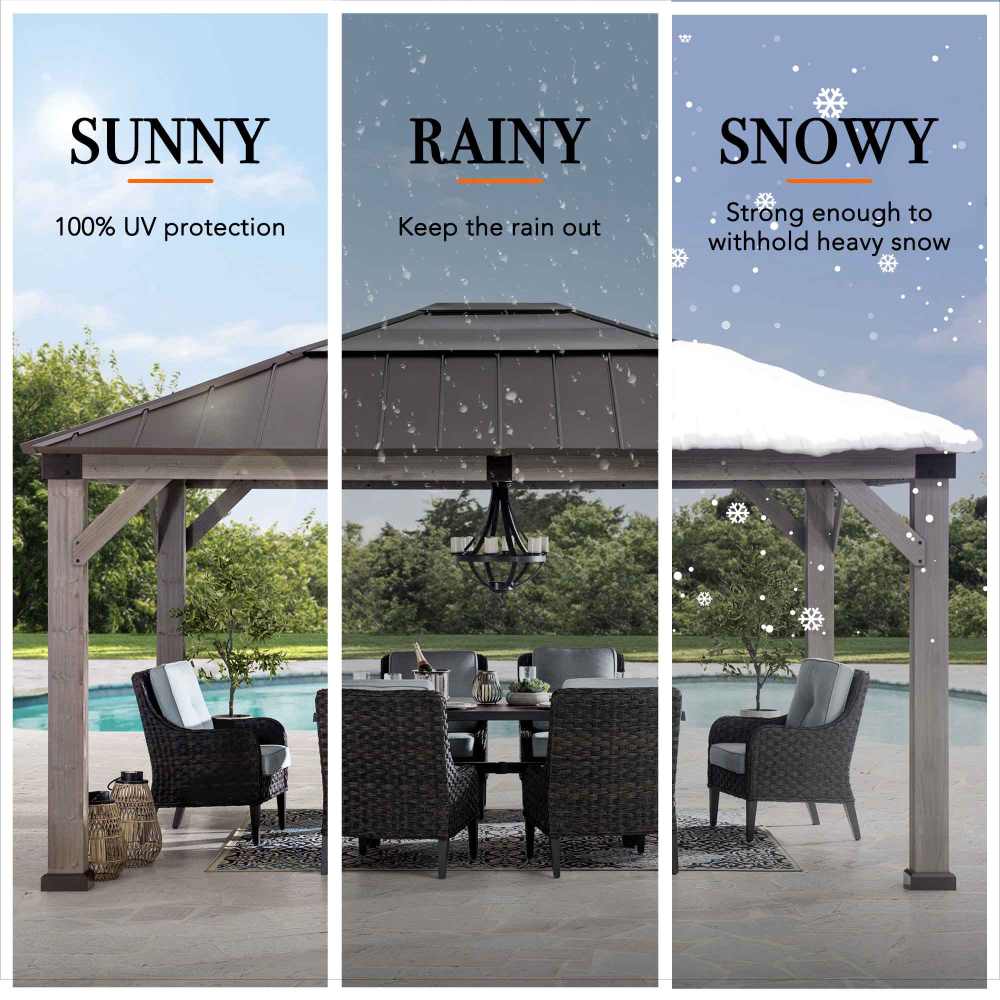 SUNJOY 13x15 Wooden Frame Gazebo with Hip Roof and Ceiling Hook.
