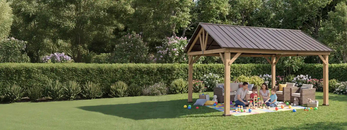 SUNJOY 13x15 Gable Roof Gazebo with Ceiling Hook - Brown