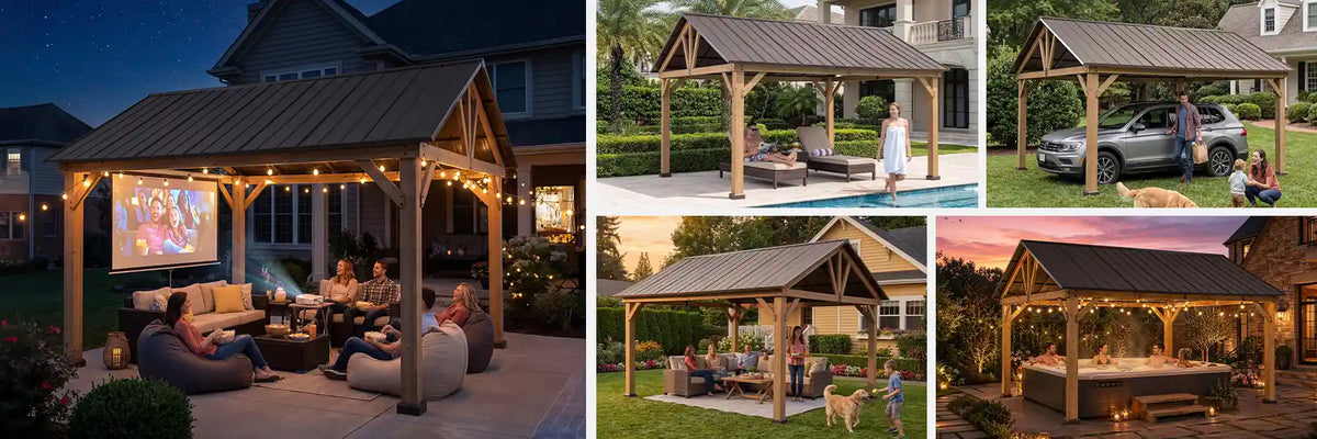 SUNJOY 13x15 Gable Roof Gazebo with Ceiling Hook - Brown