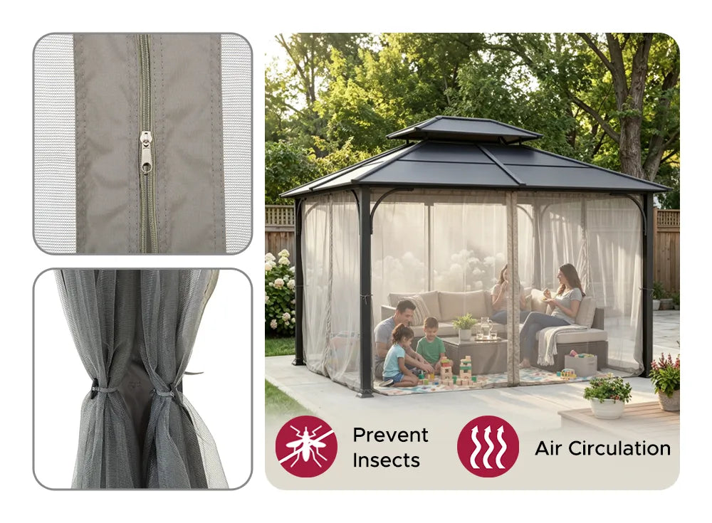 SUNJOY 10x12 Metal Hardtop Gazebo with Netting and Ceiling Hook -Black