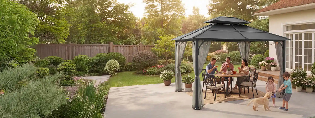 SUNJOY 10x12 Metal Hardtop Gazebo with Netting and Ceiling Hook -Black