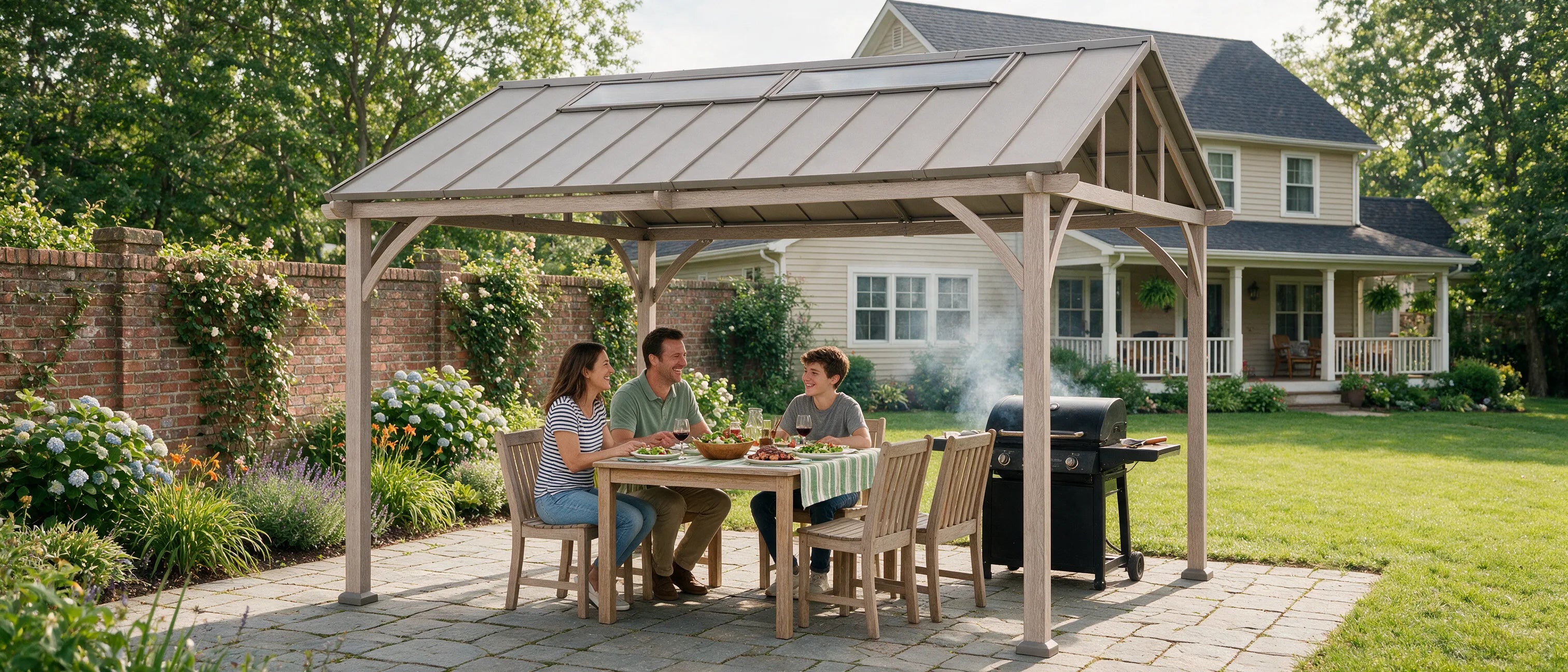 A wood-look metal outdoor patio cover with a metal roof shelters a dining table with three people sitting underneath, next to a black grill, in a backyard setting with a house and lawn in the background.