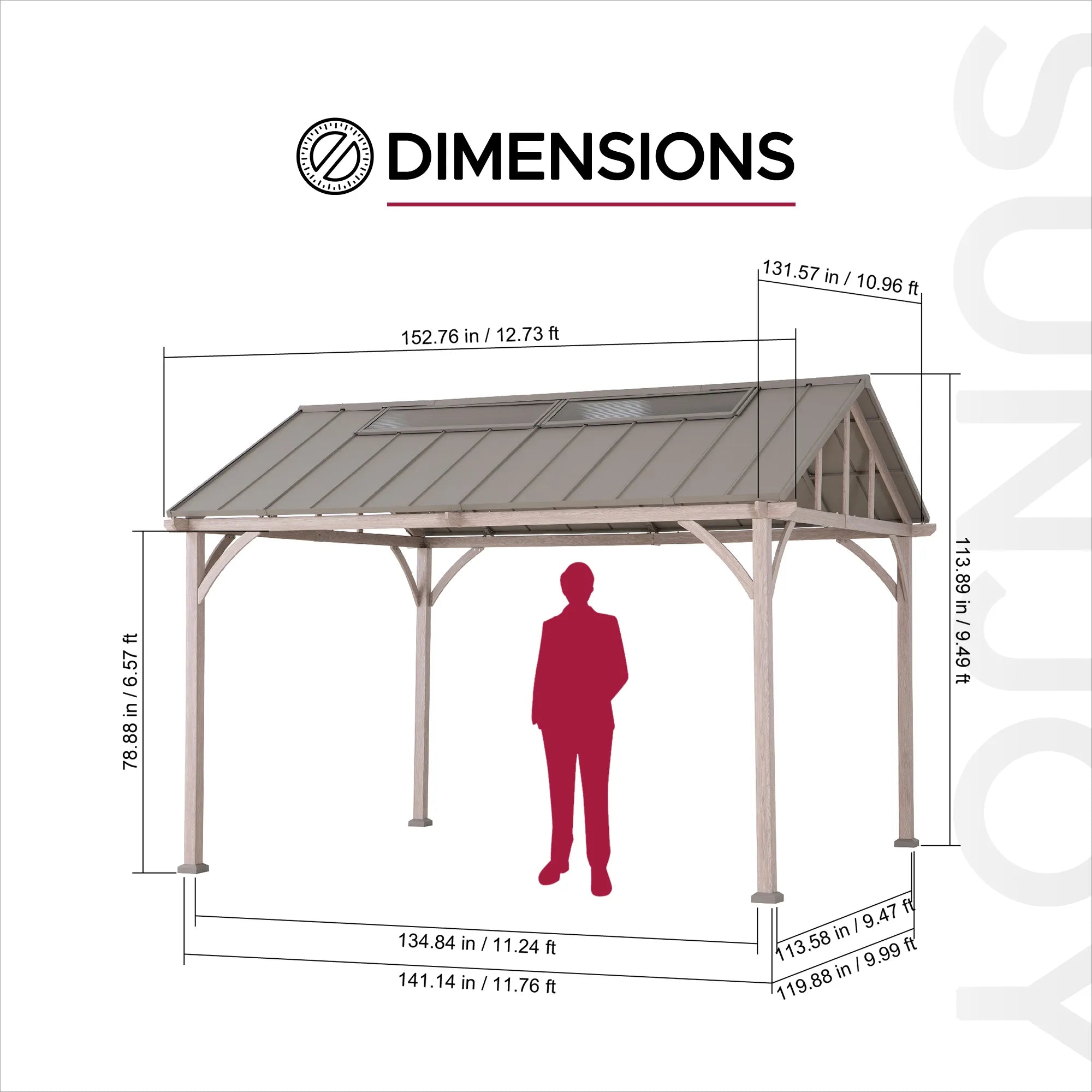 SUNJOY 11x13 Wood Finish Extra-Tall Hardtop Gazebo with Pitched Roof and PC Boards.