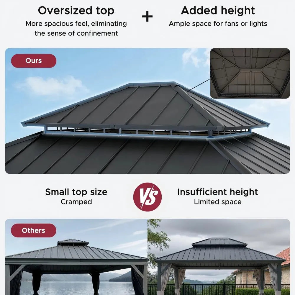 SUNJOY 11x13 Wooden Gazebo with Nettings and Curtains丨Extra-Large Vent Top - Weathered Cedar