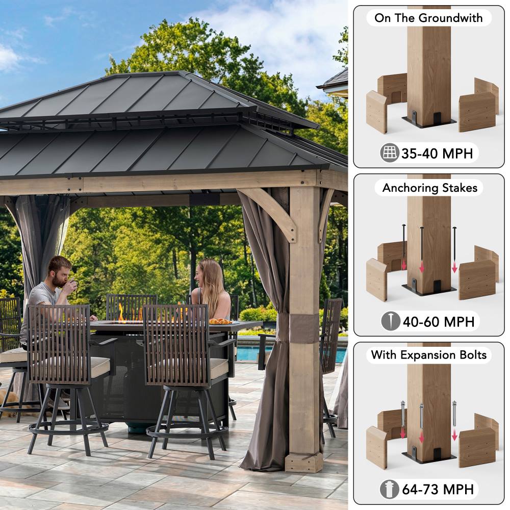 SUNJOY 11x13 Wooden Gazebo with Double Steel Roof, Nettings and Curtains - Weathered Cedar
